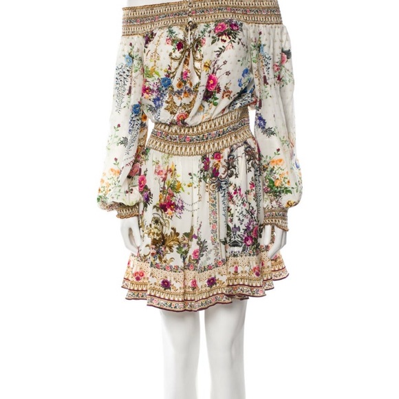 Camilla White Floral Off-Shoulder Mini Dress with Pink & Blue Accents Camilla White Floral Off-Shoulder Mini Dress with Pink & Blue Accents